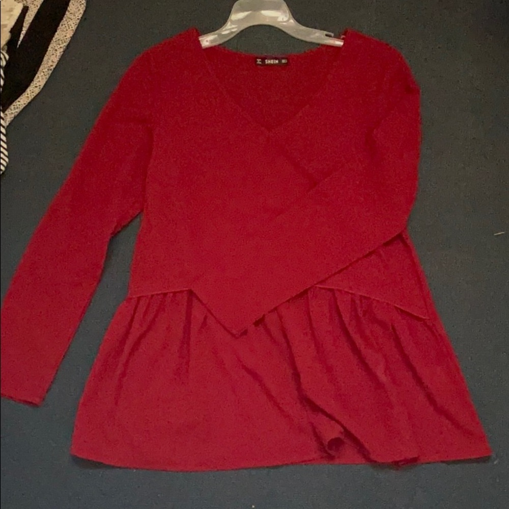 Wine colored peplum blouse.